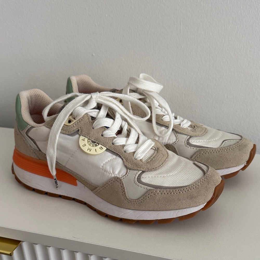 Women's Neutral Suede & Mesh Sneakers in Beige with Orange Accent